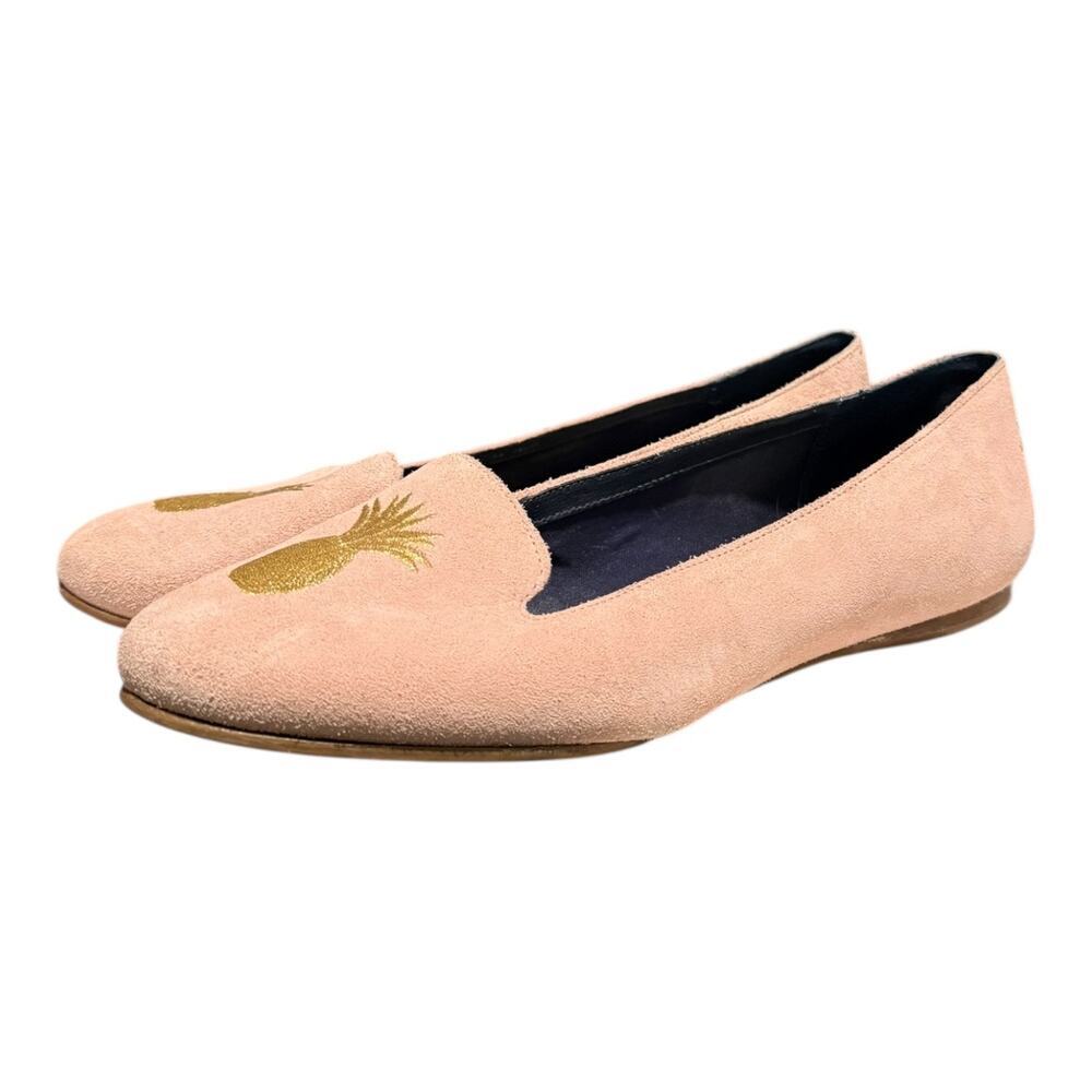 Jack Rogers ANICE Gold Pineapple Suede Flat Pink Blush Embroidered Shoes Size 9